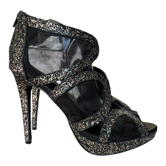 Express Gold & Silver 5” Platform stiletto heels mesh sides back zipper size 10 - Picture 6 of 12